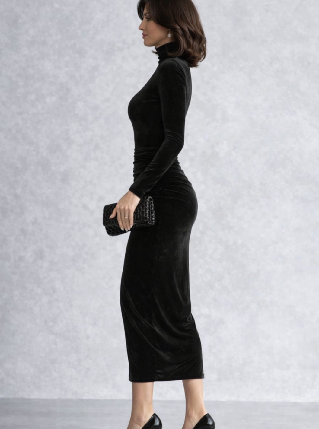 Women's Velvet Ruched Turtleneck Fitted Midi Dress