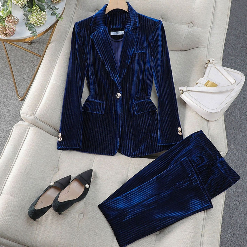 Women's Velvet Striped Tailored Blazer Pants Suit Set - Blue