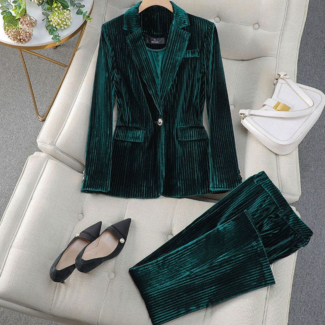 Women's Velvet Striped Tailored Blazer Pants Suit Set - Green