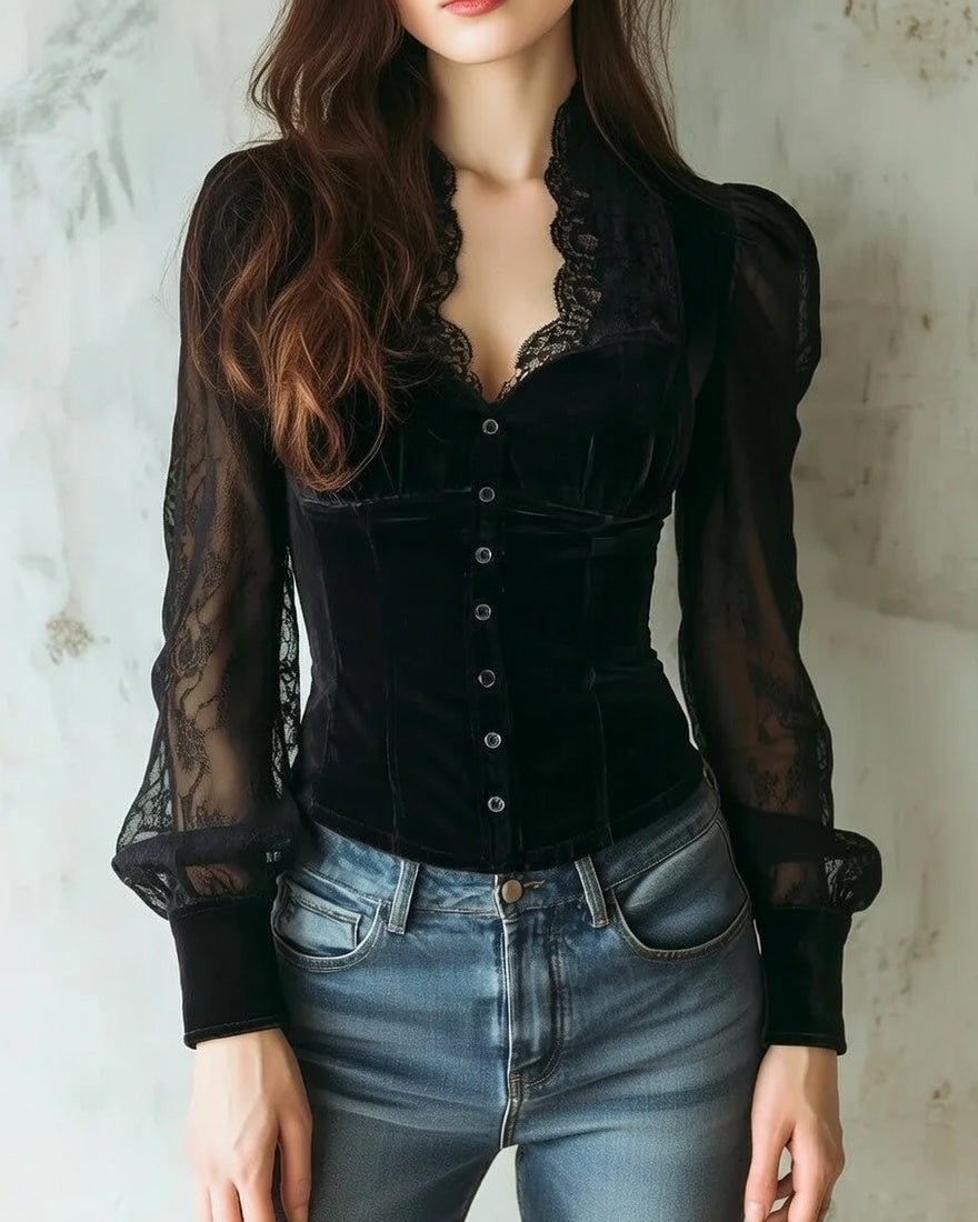 Women's Victorian-Inspired Lace-Sleeve Button-Front Velvet Blouse - Black