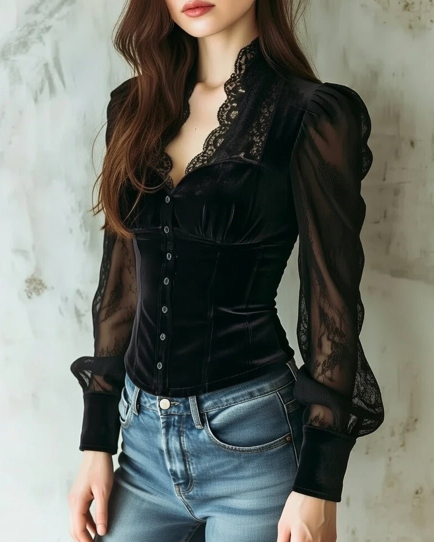 Women's Victorian-Inspired Lace-Sleeve Button-Front Velvet Blouse