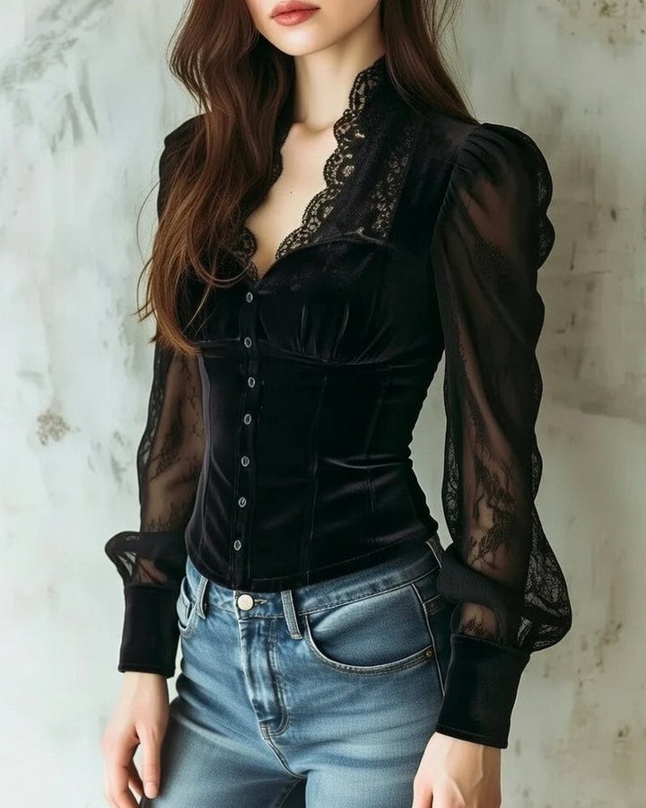 Women's Victorian-Inspired Lace-Sleeve Button-Front Velvet Blouse