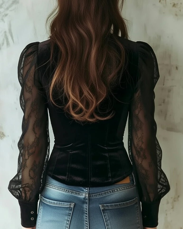 Women's Victorian-Inspired Lace-Sleeve Button-Front Velvet Blouse