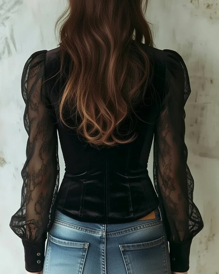 Women's Victorian-Inspired Lace-Sleeve Button-Front Velvet Blouse