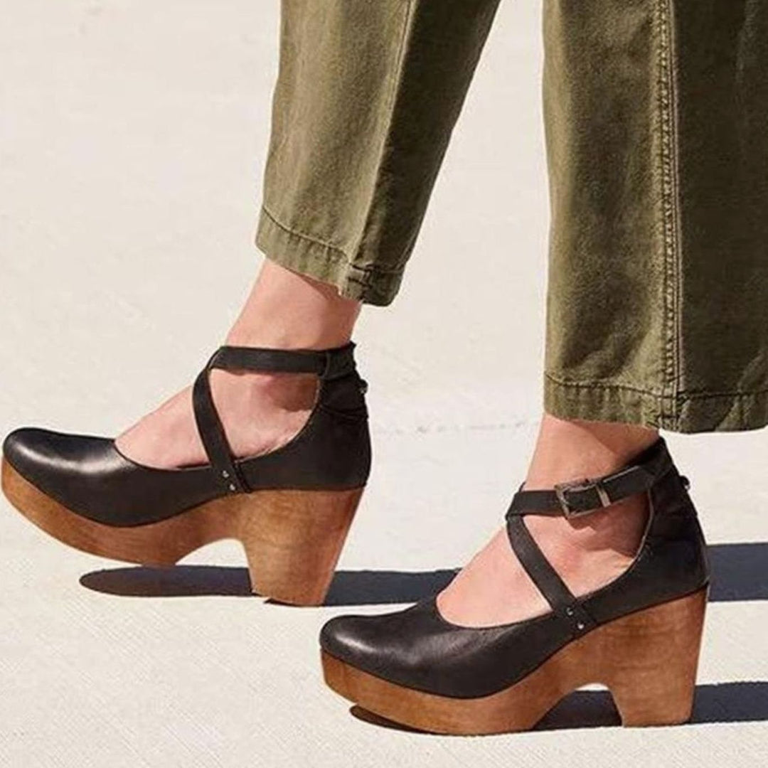 Women's Vintage Cross-Strap Block-Heel Mary Jane Clogs - Black