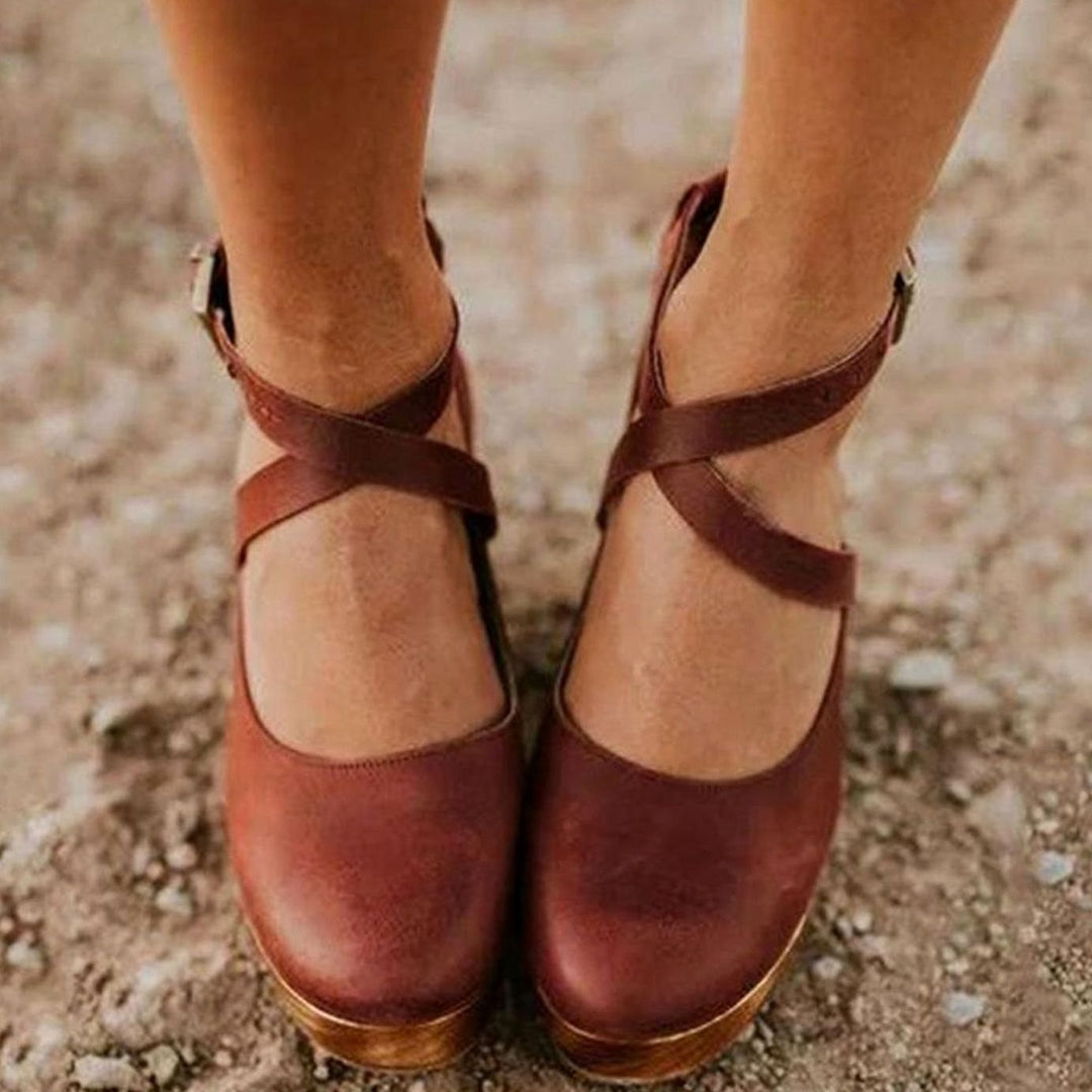 Women's Vintage Cross-Strap Block-Heel Mary Jane Clogs - Brown