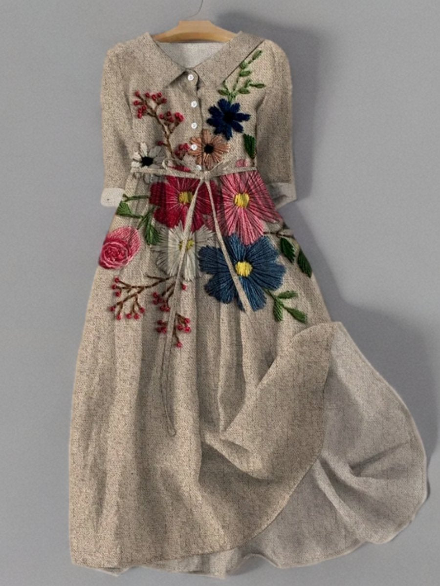 Women's Vintage Floral Embroidered Belted Long Sleeve Dress - As Pictured
