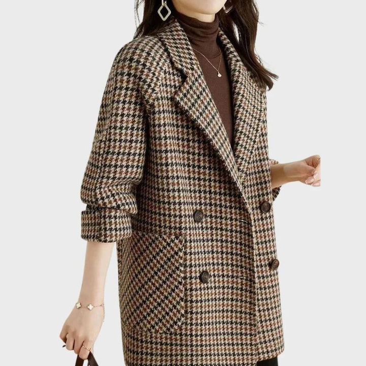 Women's Vintage Houndstooth Double-Breasted Wool-Blend Coat