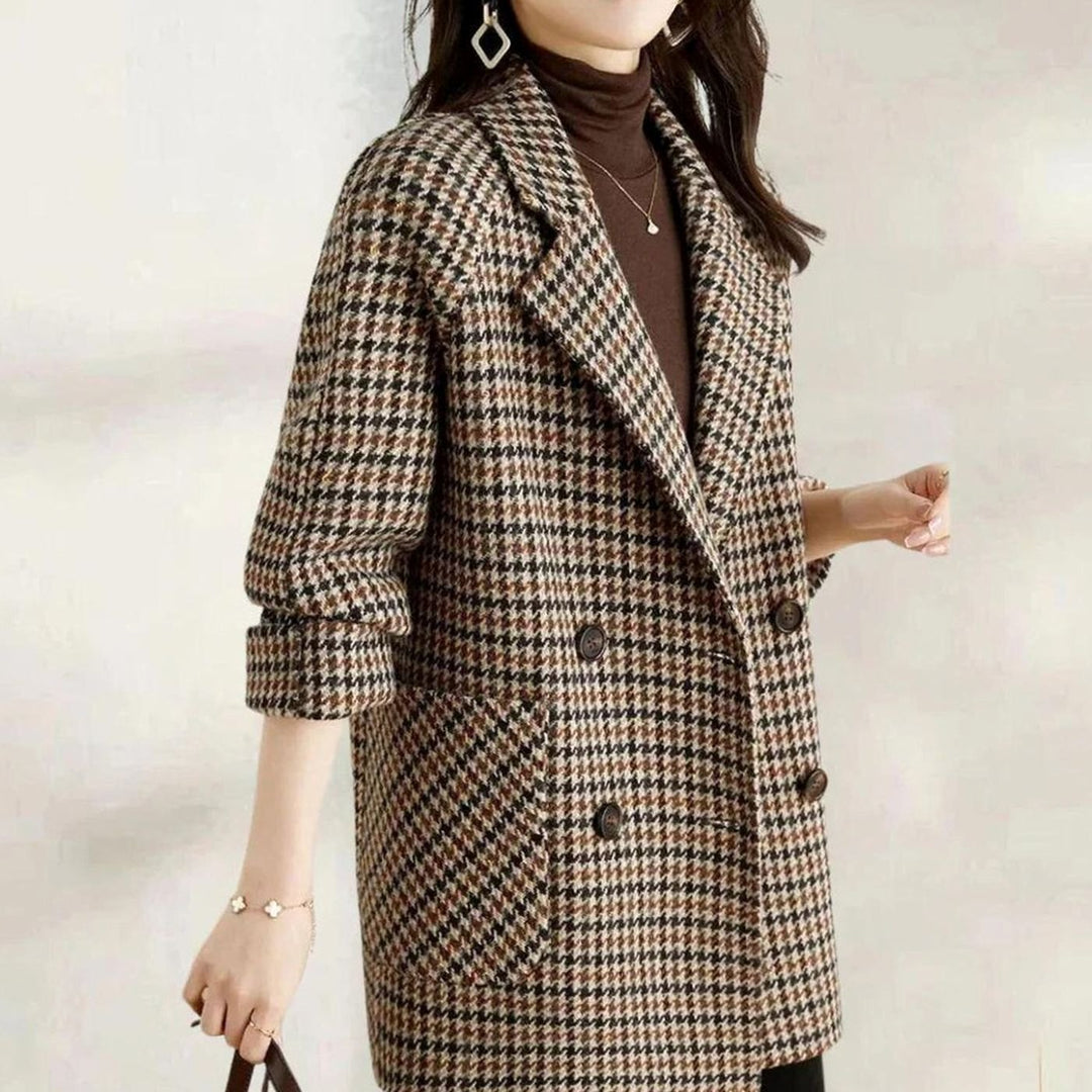 Women's Vintage Houndstooth Double-Breasted Wool-Blend Coat