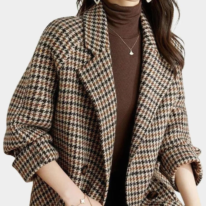 Women's Vintage Houndstooth Double-Breasted Wool-Blend Coat - Coffee
