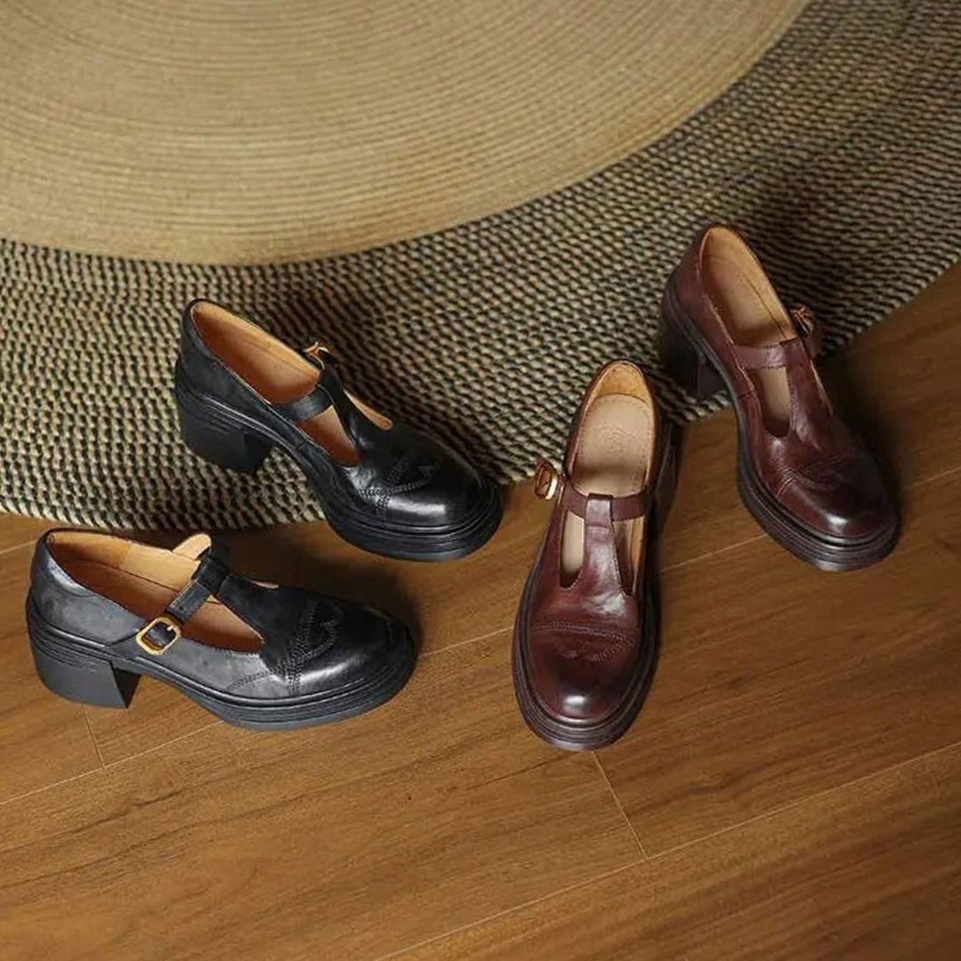 Women's Vintage-Inspired Leather Block-Heel T-Strap Shoes