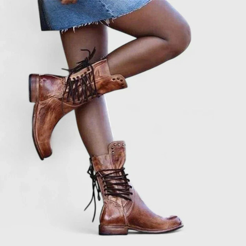 Women's Vintage Lace-Up Studded Knee High Boots