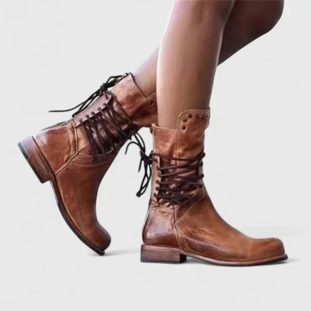 Women's Vintage Lace-Up Studded Knee High Boots - Brown