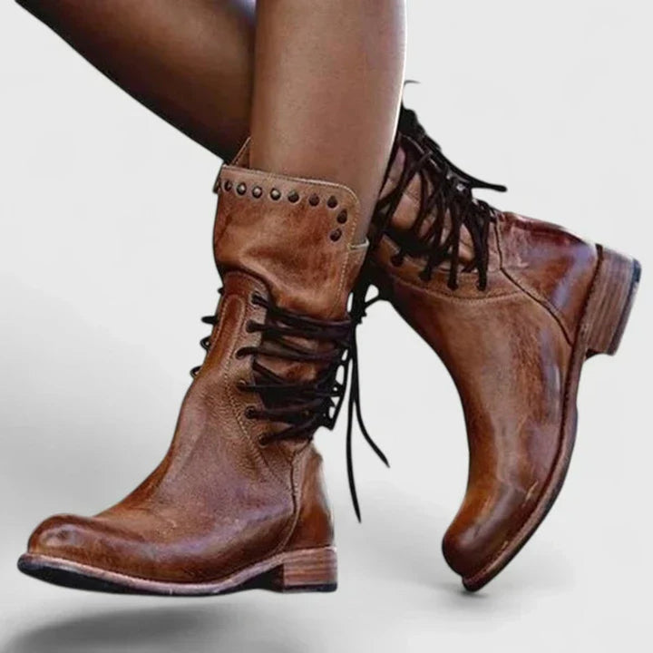 Women's Vintage Lace-Up Studded Knee High Boots