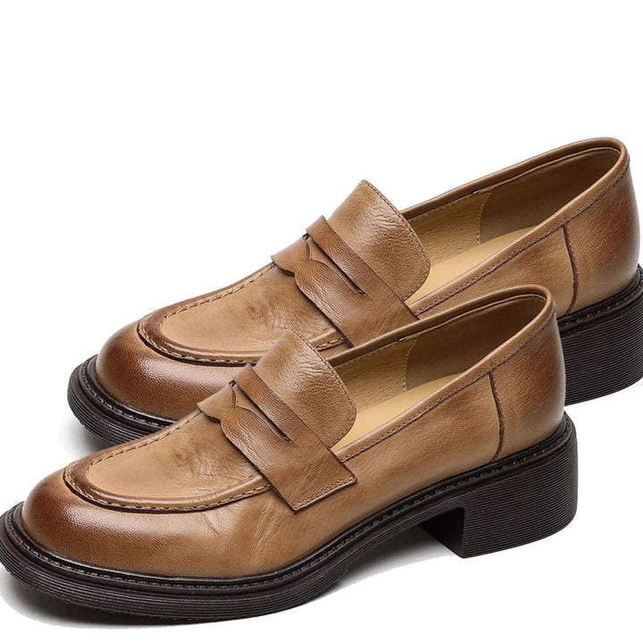 Women's Vintage Leather Slip-On Penny Loafers - Light Brown