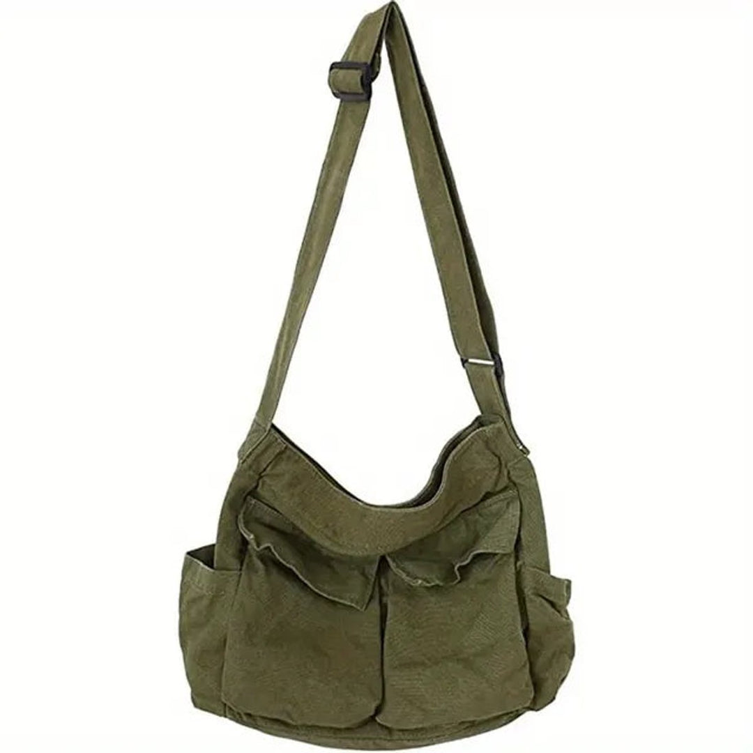 Women's Vintage Multi-Pocket Canvas Tote Bag Crossbody Shoulder Bag - Armeegrün