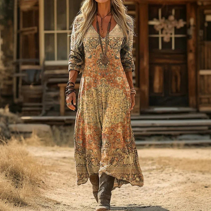 Women's Vintage Print V-Neck Long Sleeve Dress Relaxed Maxi - Yellow