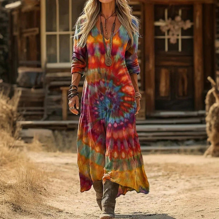 Women's Vintage Print V-Neck Long Sleeve Dress Relaxed Maxi - Multicolor