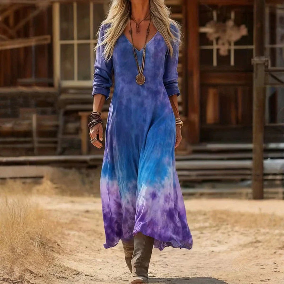 Women's Vintage Print V-Neck Long Sleeve Dress Relaxed Maxi - Blue