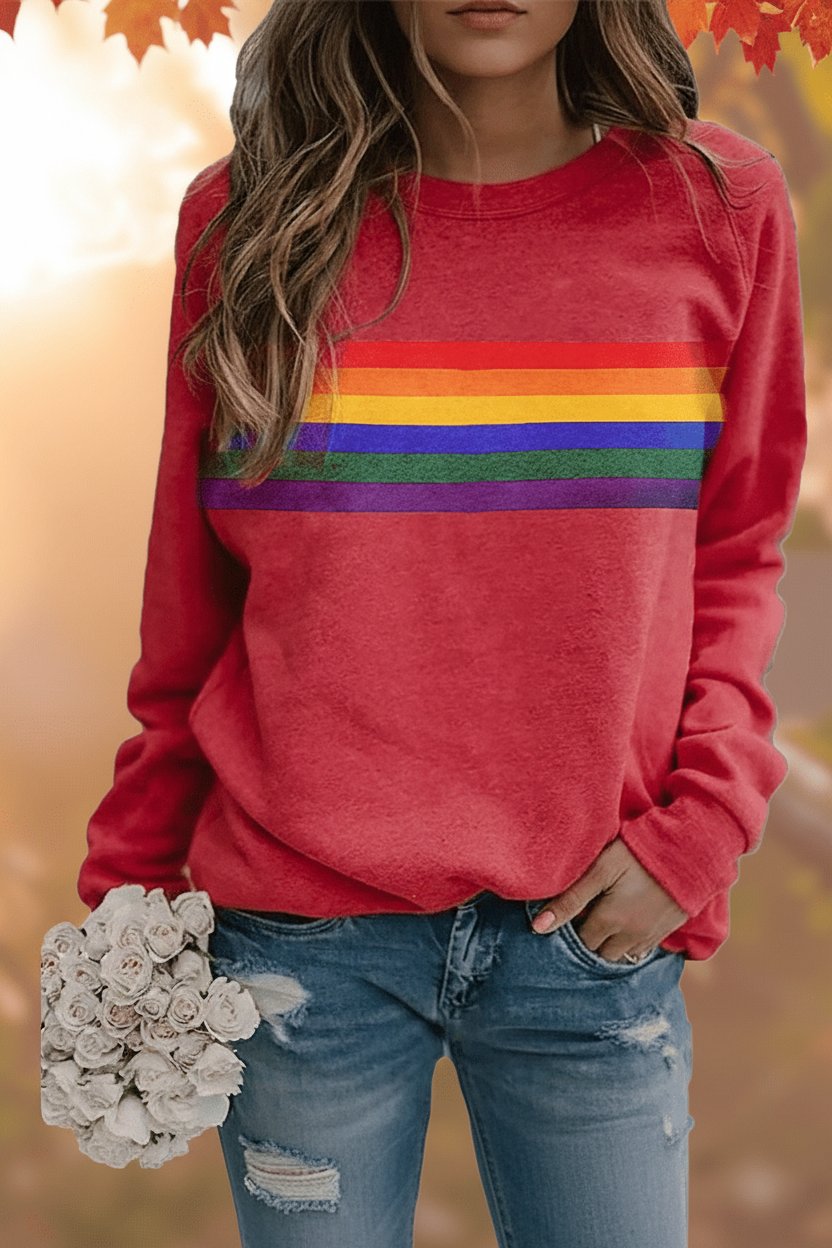 Women's Vintage Rainbow-Striped Relaxed-Fit Pullover Sweatshirt - Red