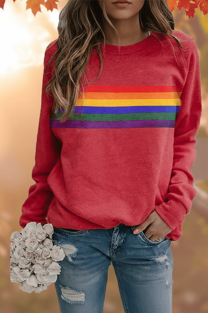 Women's Vintage Rainbow-Striped Relaxed-Fit Pullover Sweatshirt - Red