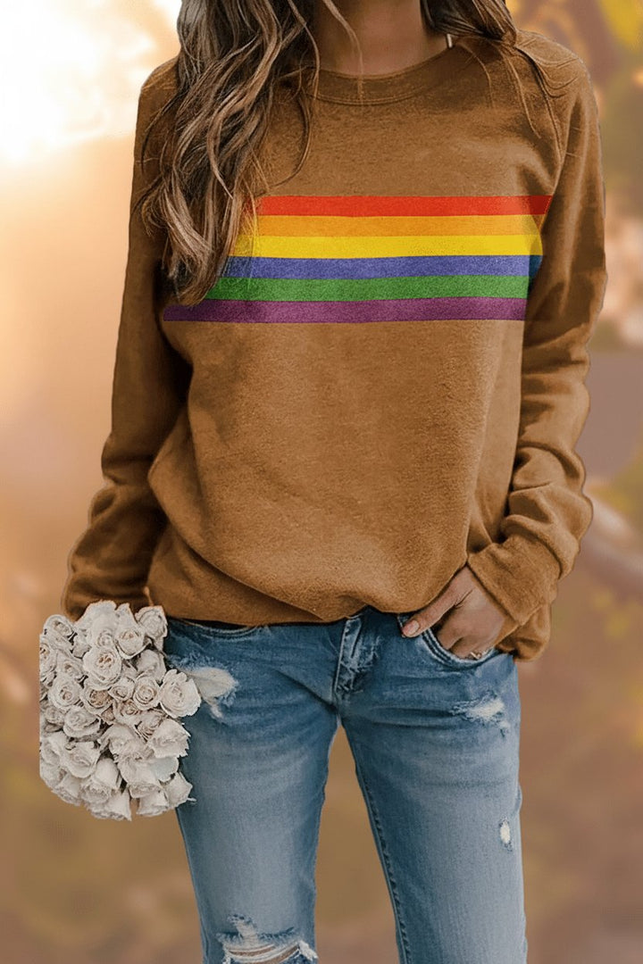 Women's Vintage Rainbow-Striped Relaxed-Fit Pullover Sweatshirt - Yellow