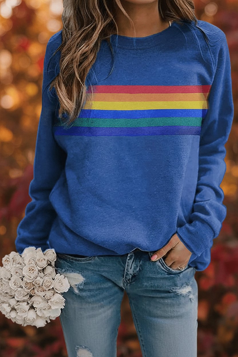 Women's Vintage Rainbow-Striped Relaxed-Fit Pullover Sweatshirt - Blue
