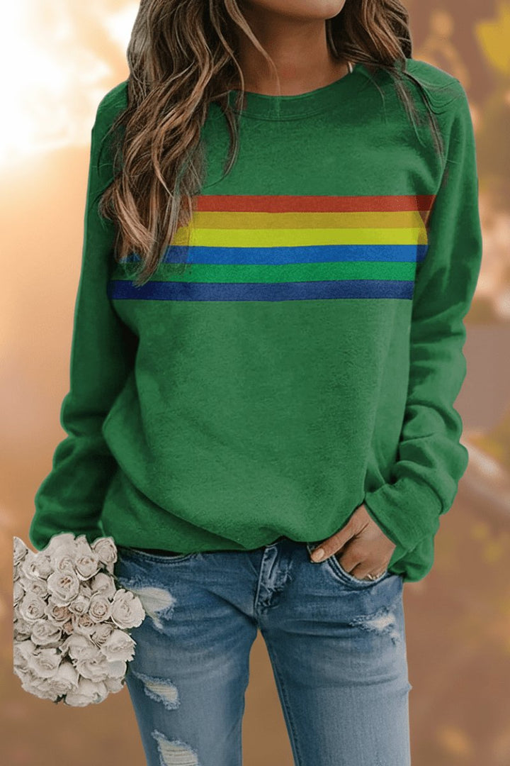 Women's Vintage Rainbow-Striped Relaxed-Fit Pullover Sweatshirt