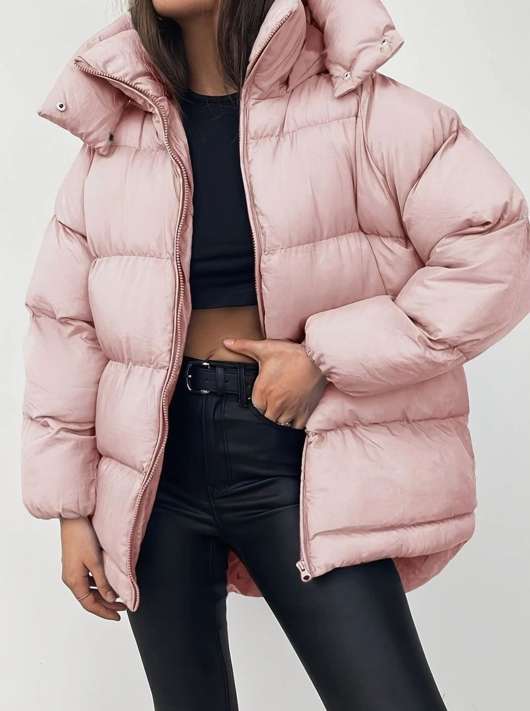 Women's Warm Puffer Jacket Zip-Up Stand-Collar Winter Coat - Pink