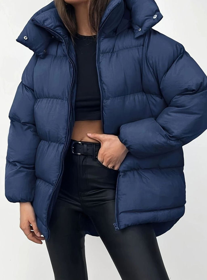 Women's Warm Puffer Jacket Zip-Up Stand-Collar Winter Coat - Navy Blue