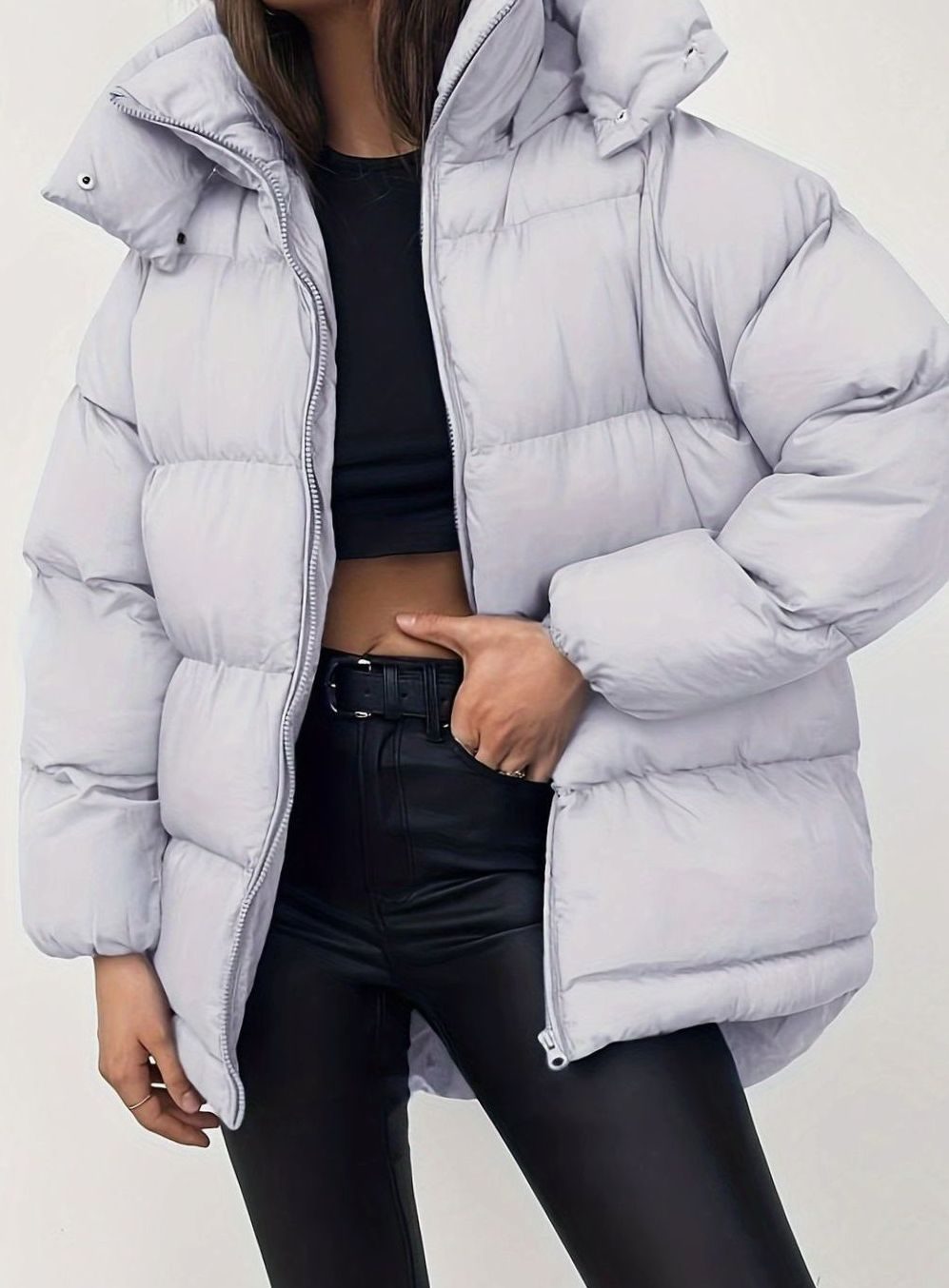 Women's Warm Puffer Jacket Zip-Up Stand-Collar Winter Coat - Light Grey