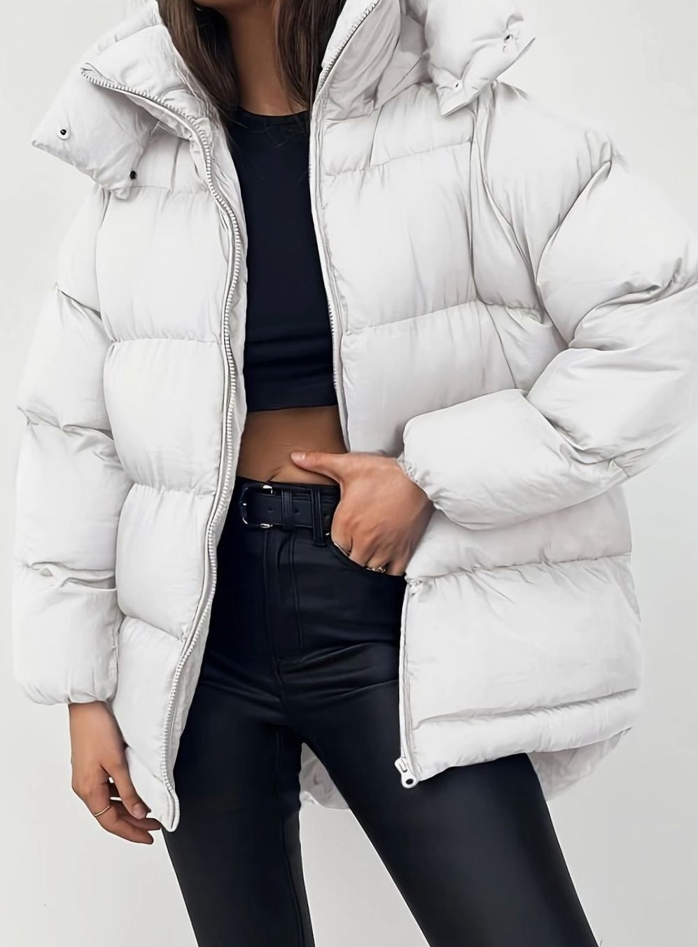 Women's Warm Puffer Jacket Zip-Up Stand-Collar Winter Coat - White
