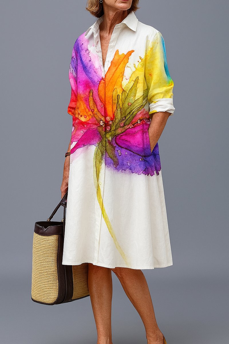 Women's Watercolor Floral Print Midi Cocktail Dress - White