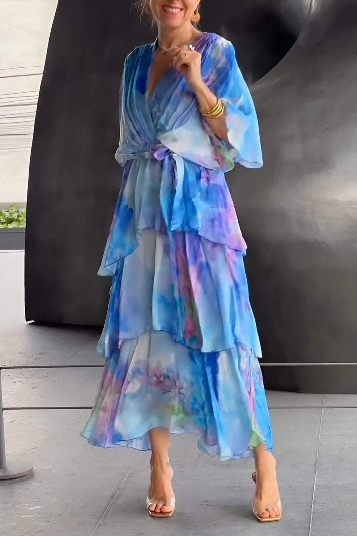 Women's Watercolor Floral Tiered Chiffon Wrap Maxi Dress - Blue