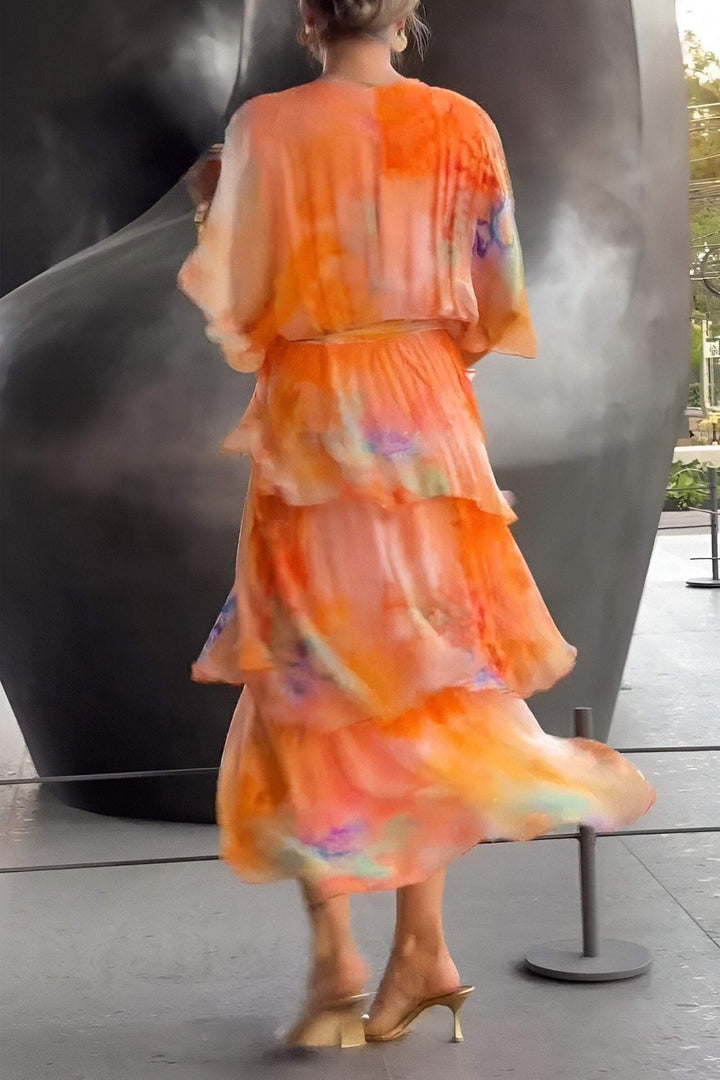 Women's Watercolor Floral Tiered Chiffon Wrap Maxi Dress