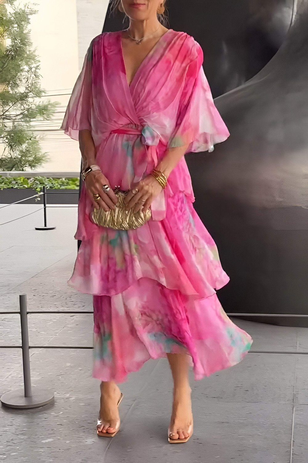 Women's Watercolor Floral Tiered Chiffon Wrap Maxi Dress - Pink