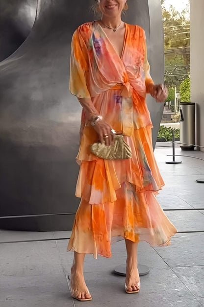 Women's Watercolor Floral Tiered Chiffon Wrap Maxi Dress - Orange