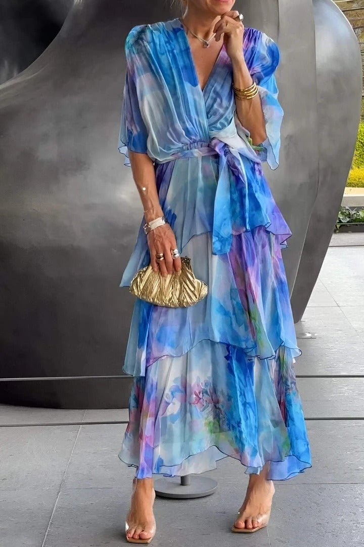 Women's Watercolor Floral Tiered Chiffon Wrap Maxi Dress