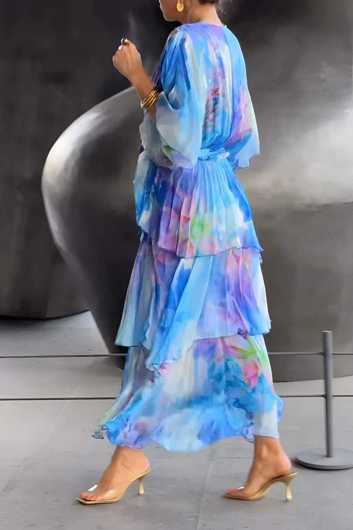 Women's Watercolor Floral Tiered Chiffon Wrap Maxi Dress