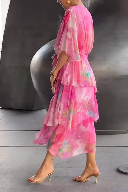 Women's Watercolor Floral Tiered Chiffon Wrap Maxi Dress