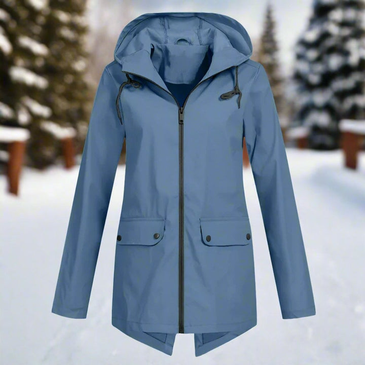 Women's Waterproof Hooded Zip-Up Rain Jacket Adjustable Cuffs Pockets - Blue