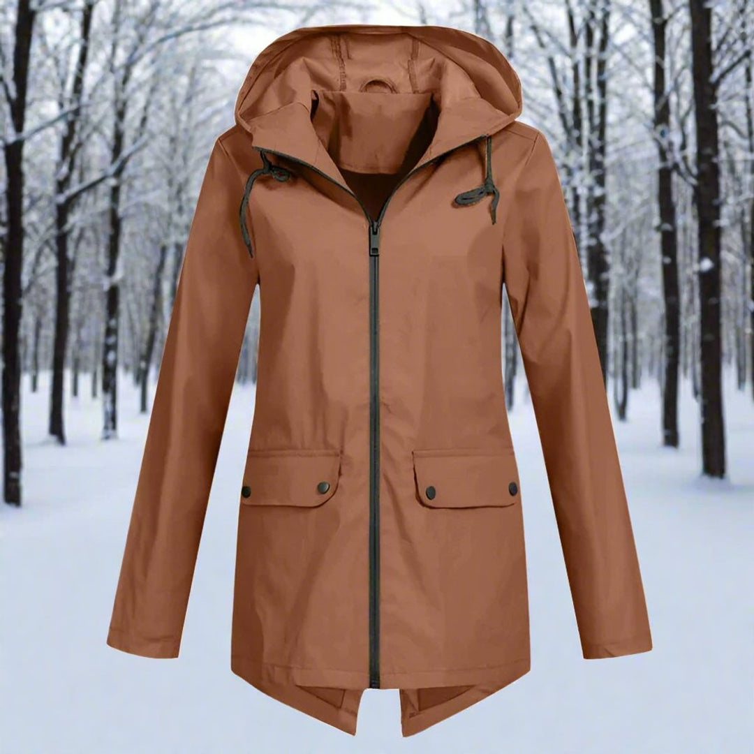 Women's Waterproof Hooded Zip-Up Rain Jacket Adjustable Cuffs Pockets - Coffee
