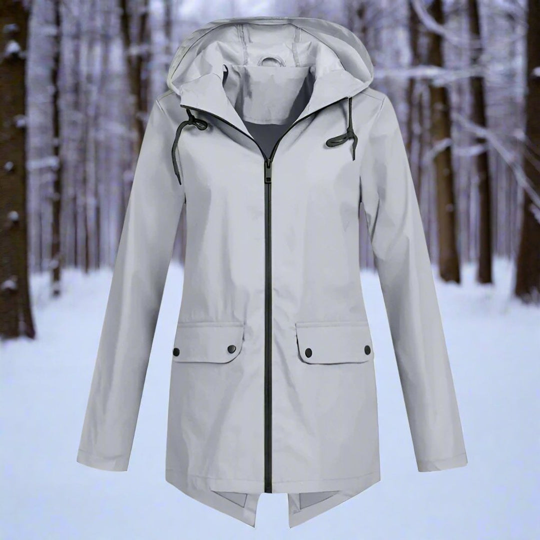 Women's Waterproof Hooded Zip-Up Rain Jacket Adjustable Cuffs Pockets - Gray