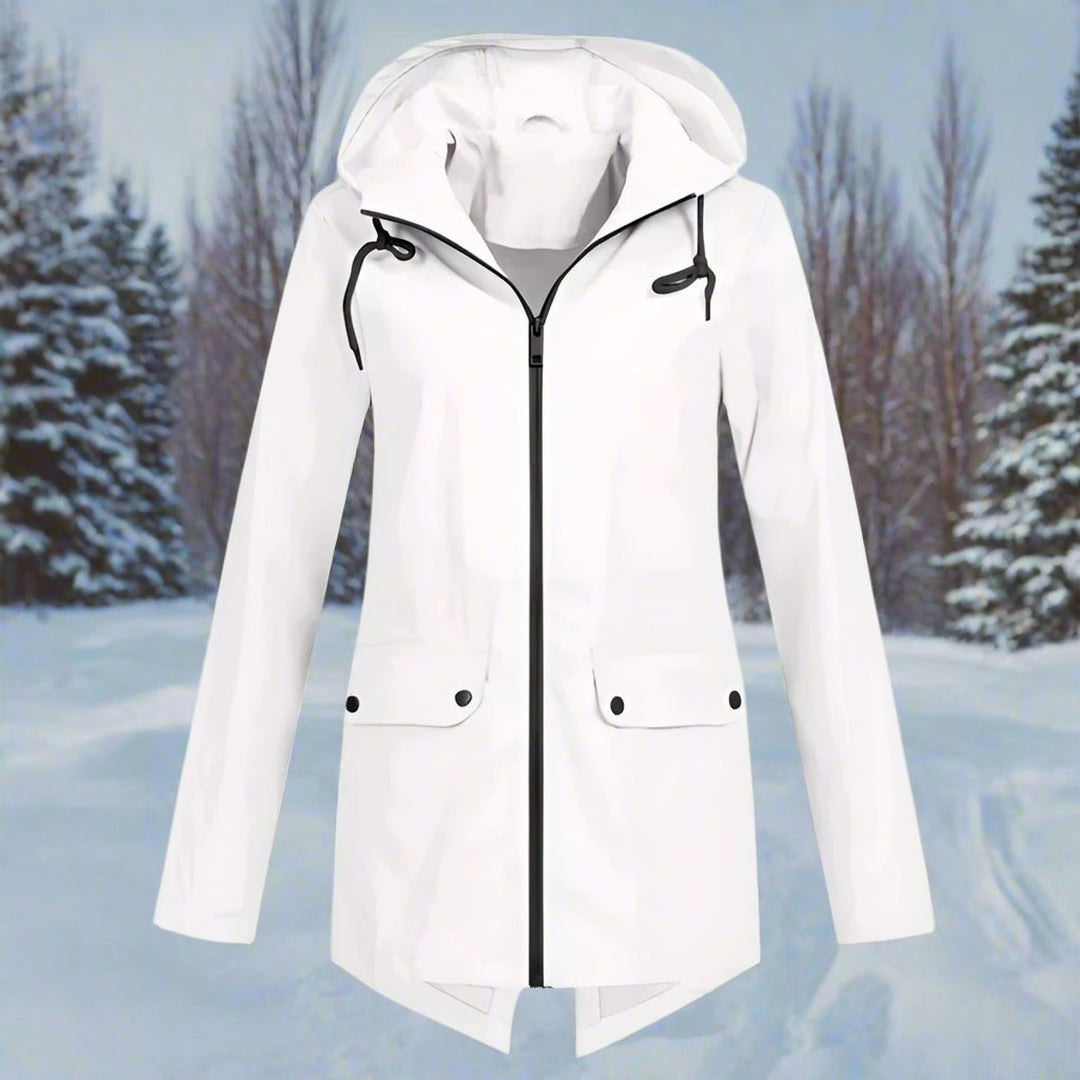 Women's Waterproof Hooded Zip-Up Rain Jacket Adjustable Cuffs Pockets - White