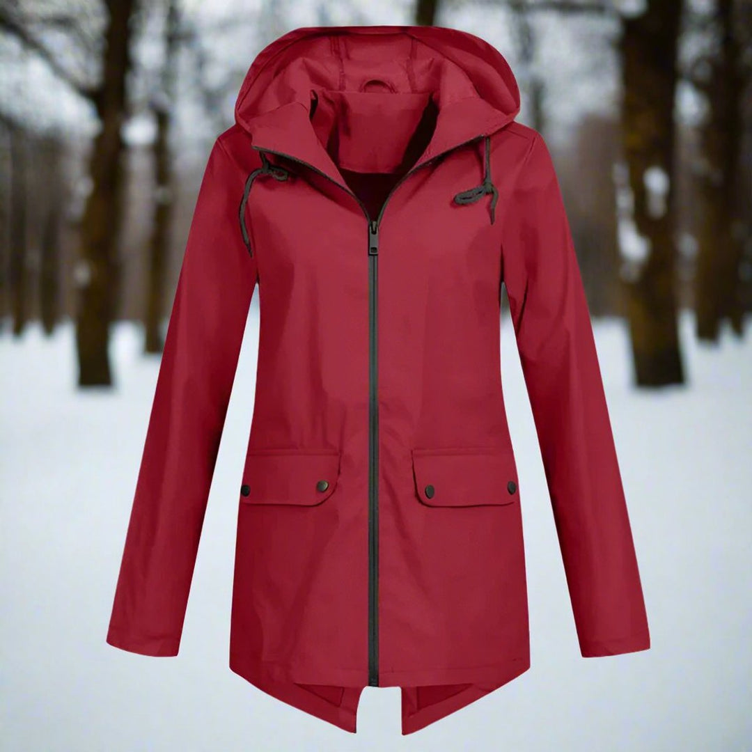 Women's Waterproof Hooded Zip-Up Rain Jacket Adjustable Cuffs Pockets - Wine Red