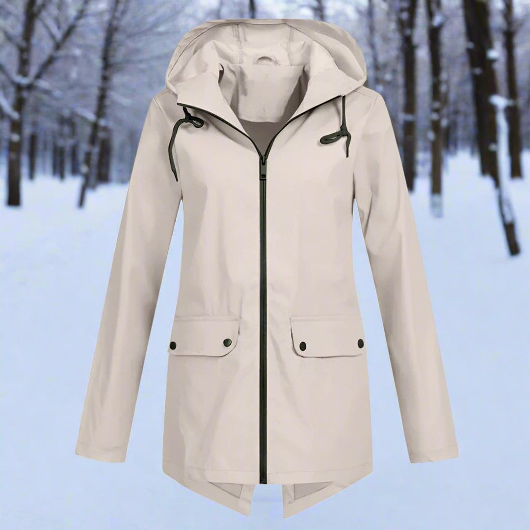 Women's Waterproof Hooded Zip-Up Rain Jacket Adjustable Cuffs Pockets - Apricot