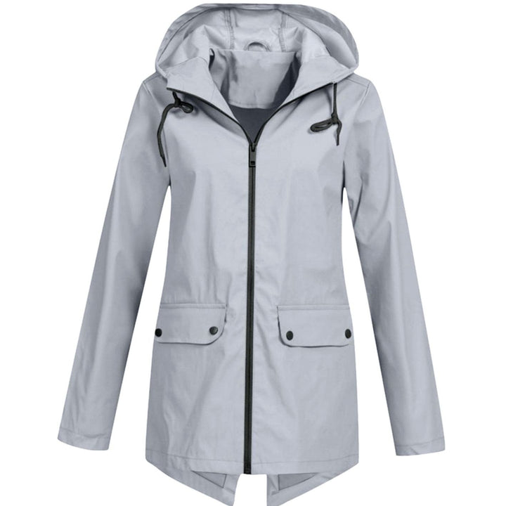 Women's Waterproof Hooded Zip-Up Rain Jacket Flap Pockets - Grey