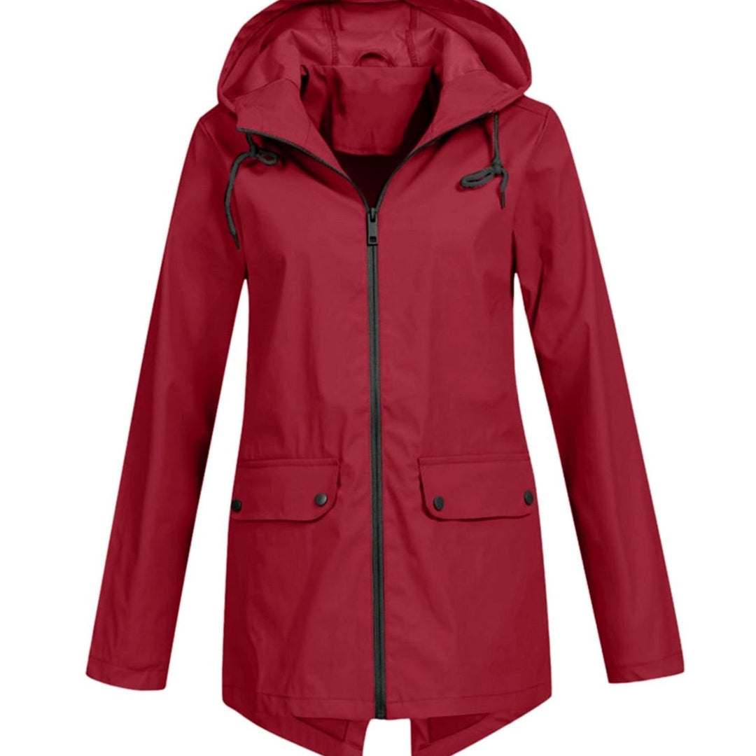 Women's Waterproof Hooded Zip-Up Rain Jacket Flap Pockets - Wine Red