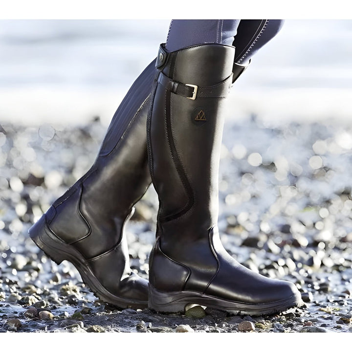 Women's Waterproof Leather Knee High Boots Buckle Strap - Black