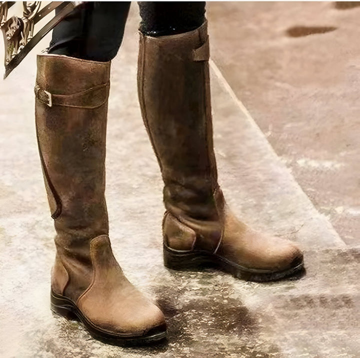 Women's Waterproof Leather Knee High Boots Buckle Strap - Brown